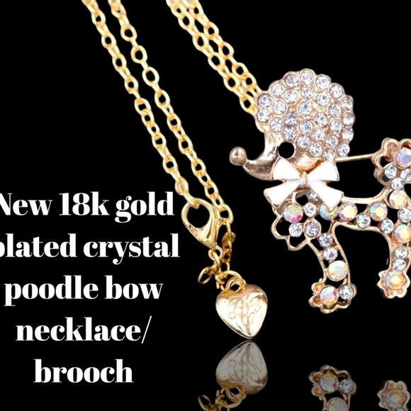 New 18k gold plated crystal poodle bow necklace/brooch - Picture 9 of 16